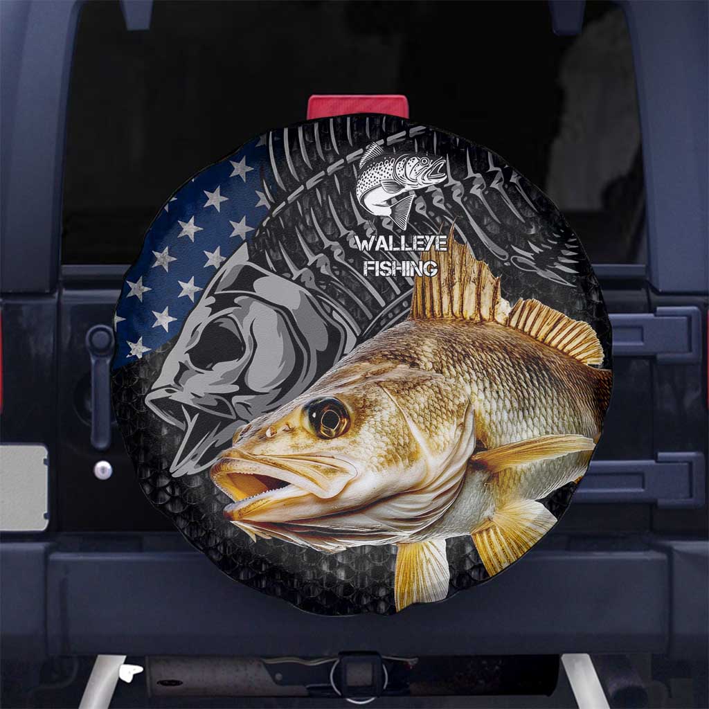 Walleye Fishing Skeleton Personalized Spare Tire Cover Grunge American Flag and Realistic Fish Graphic - Wonder Print Shop