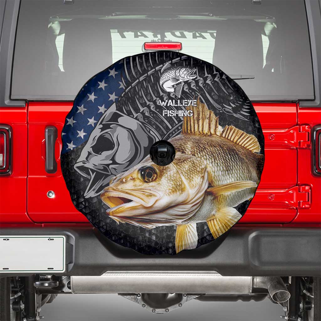 Walleye Fishing Skeleton Personalized Spare Tire Cover Grunge American Flag and Realistic Fish Graphic - Wonder Print Shop