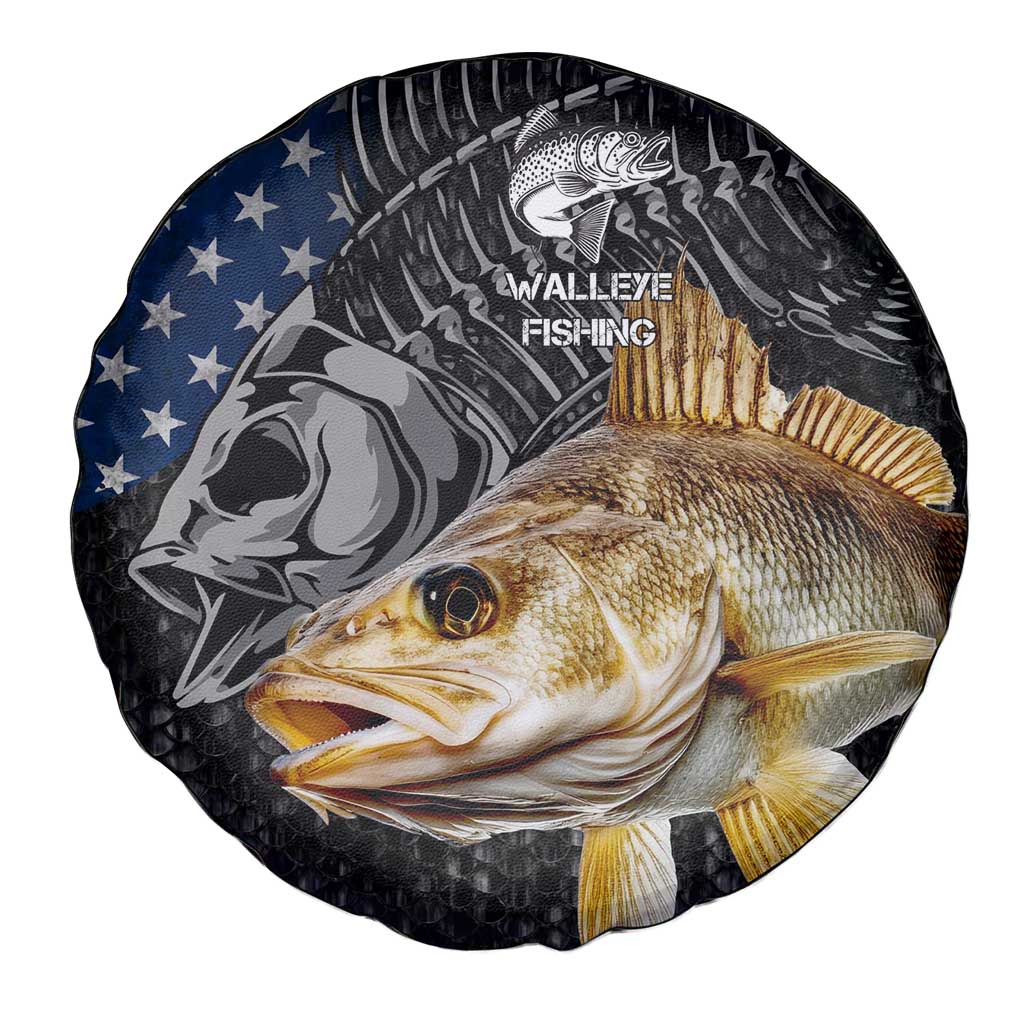 Walleye Fishing Skeleton Personalized Spare Tire Cover Grunge American Flag and Realistic Fish Graphic - Wonder Print Shop
