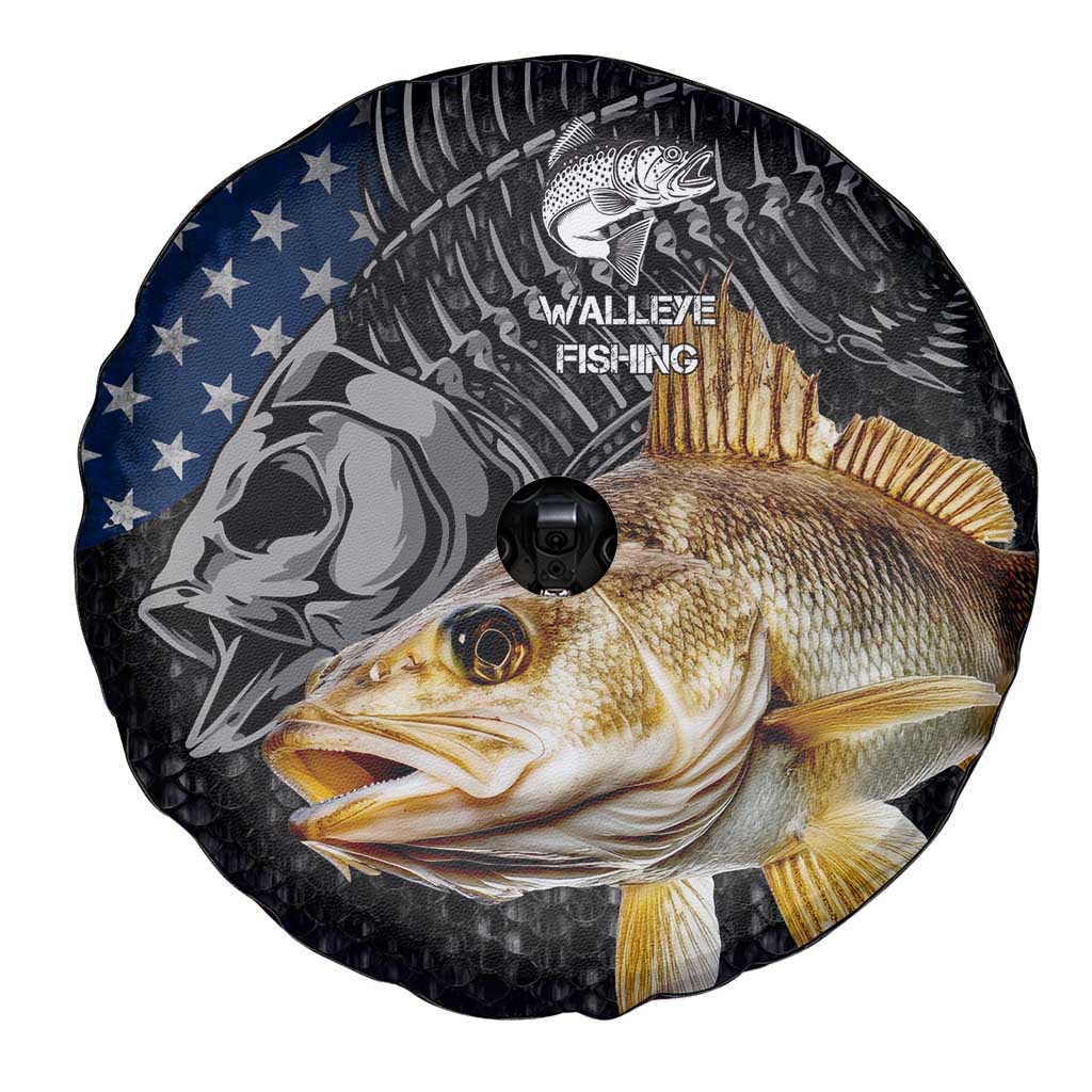 Walleye Fishing Skeleton Personalized Spare Tire Cover Grunge American Flag and Realistic Fish Graphic - Wonder Print Shop
