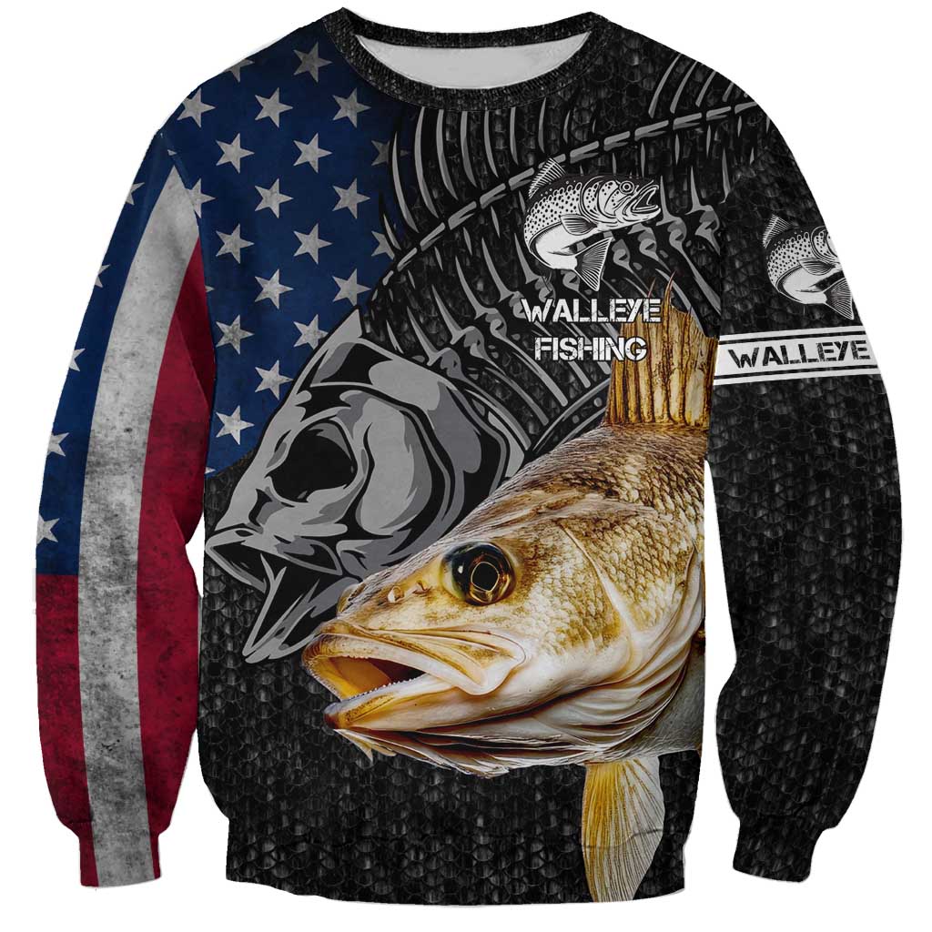 Walleye Fishing Skeleton Personalized Sweatshirt Grunge American Flag and Realistic Fish Graphic - Wonder Print Shop