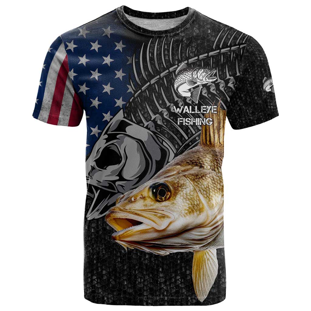 Walleye Fishing Skeleton Personalized T Shirt Grunge American Flag and Realistic Fish Graphic - Wonder Print Shop