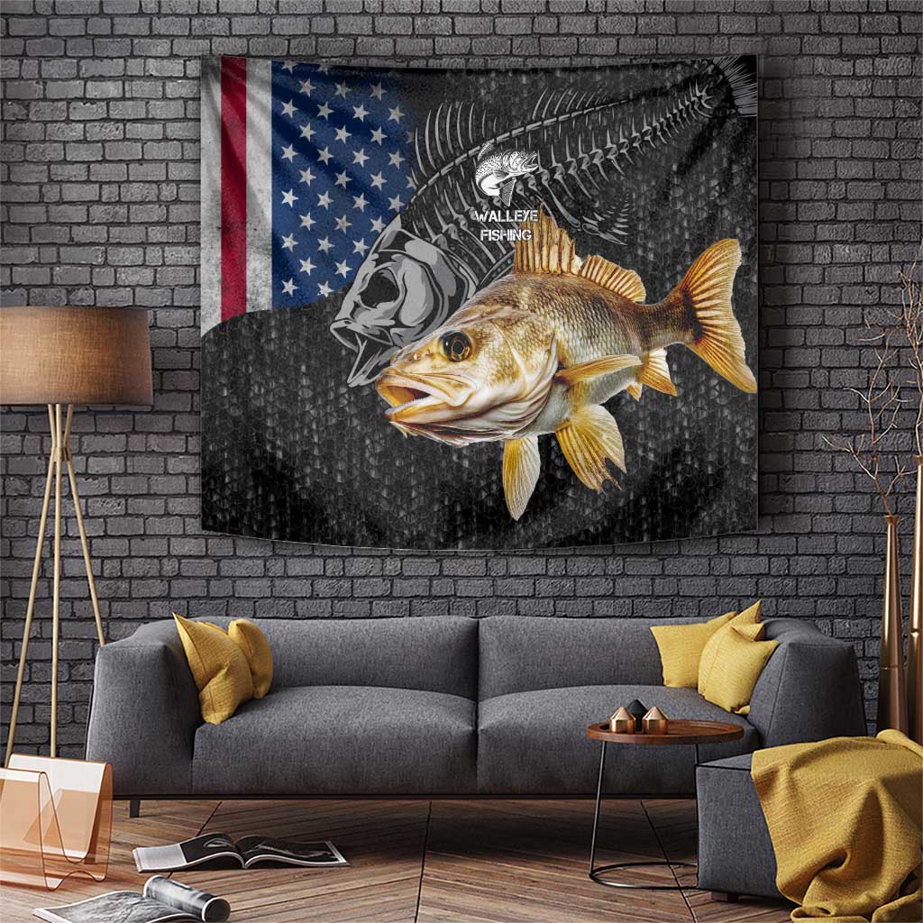 Walleye Fishing Skeleton Personalized Tapestry Grunge American Flag and Realistic Fish Graphic - Wonder Print Shop