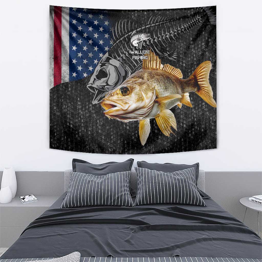 Walleye Fishing Skeleton Personalized Tapestry Grunge American Flag and Realistic Fish Graphic - Wonder Print Shop