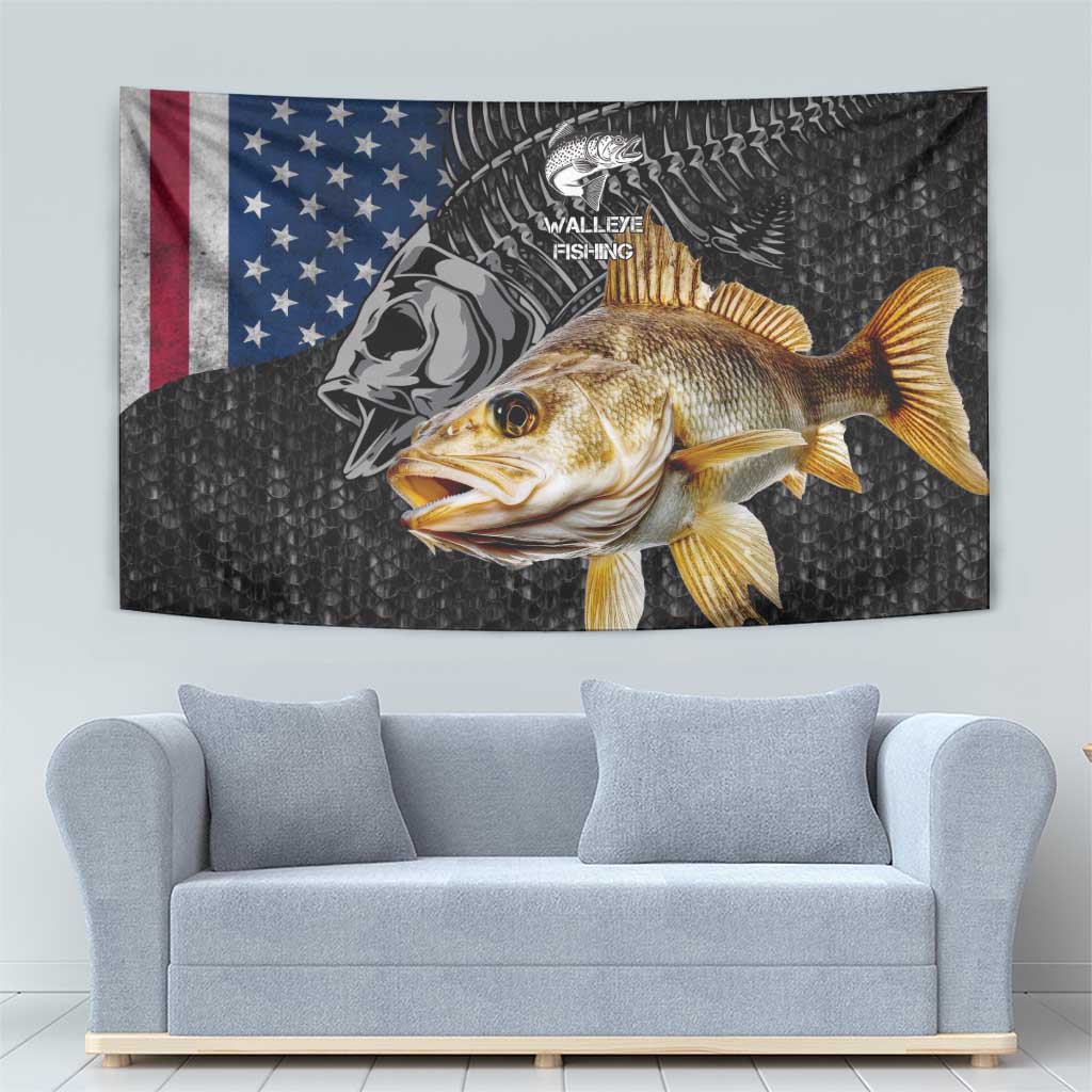 Walleye Fishing Skeleton Personalized Tapestry Grunge American Flag and Realistic Fish Graphic - Wonder Print Shop