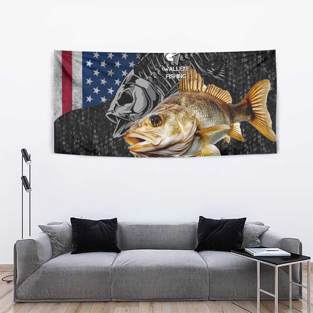 Walleye Fishing Skeleton Personalized Tapestry Grunge American Flag and Realistic Fish Graphic - Wonder Print Shop