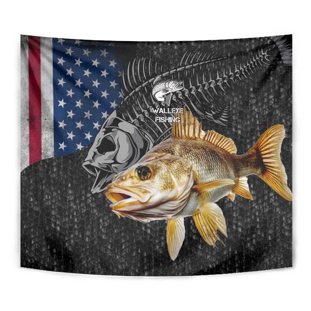 Walleye Fishing Skeleton Personalized Tapestry Grunge American Flag and Realistic Fish Graphic - Wonder Print Shop