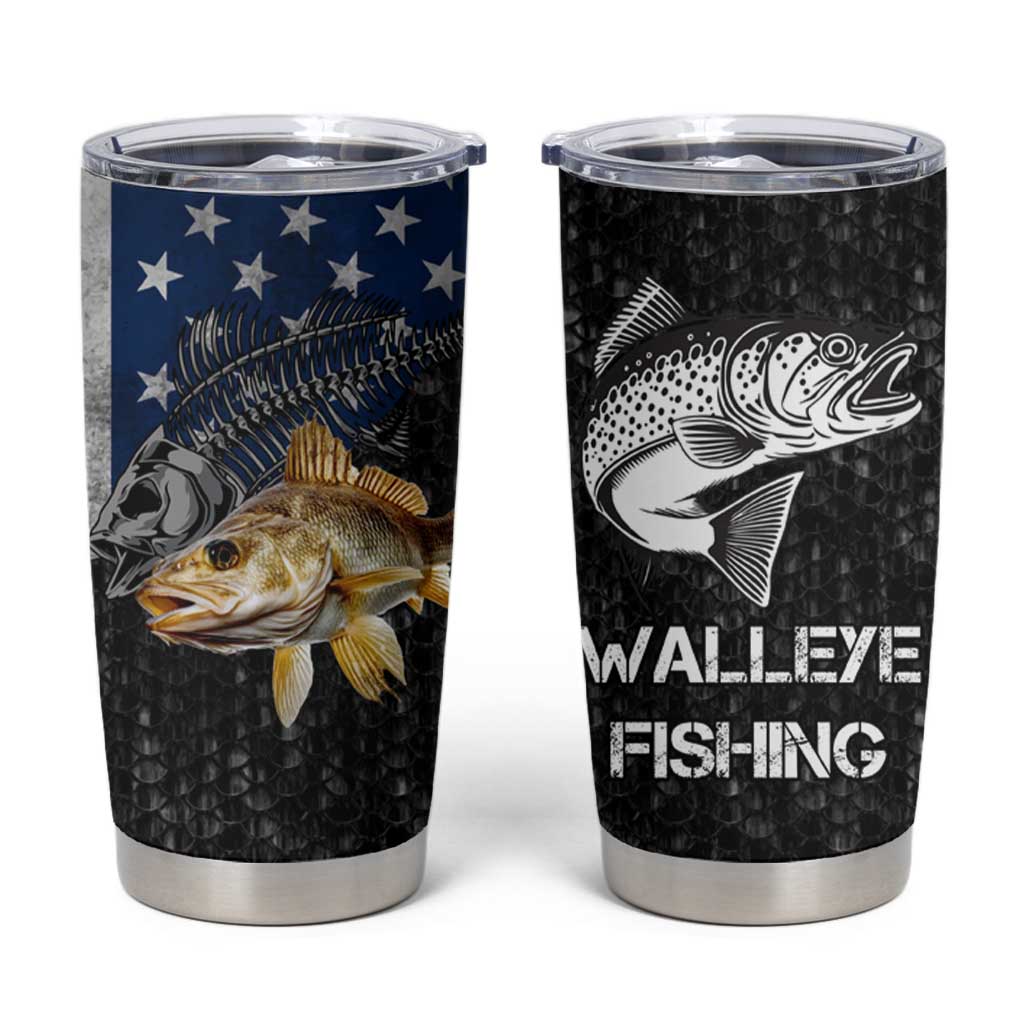 Walleye Fishing Skeleton Personalized Tumbler Cup Grunge American Flag and Realistic Fish Graphic - Wonder Print Shop