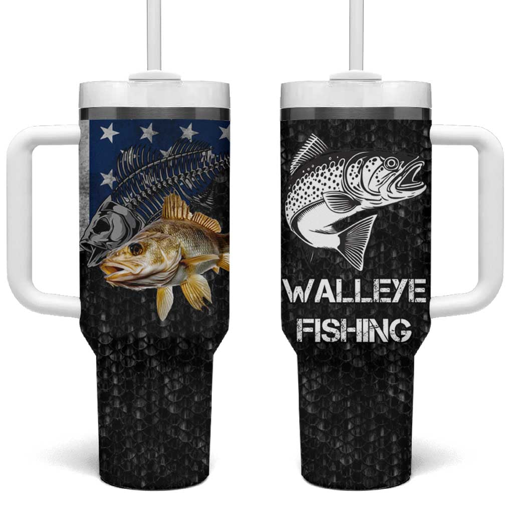 Walleye Fishing Skeleton Personalized Tumbler With Handle Grunge American Flag and Realistic Fish Graphic - Wonder Print Shop