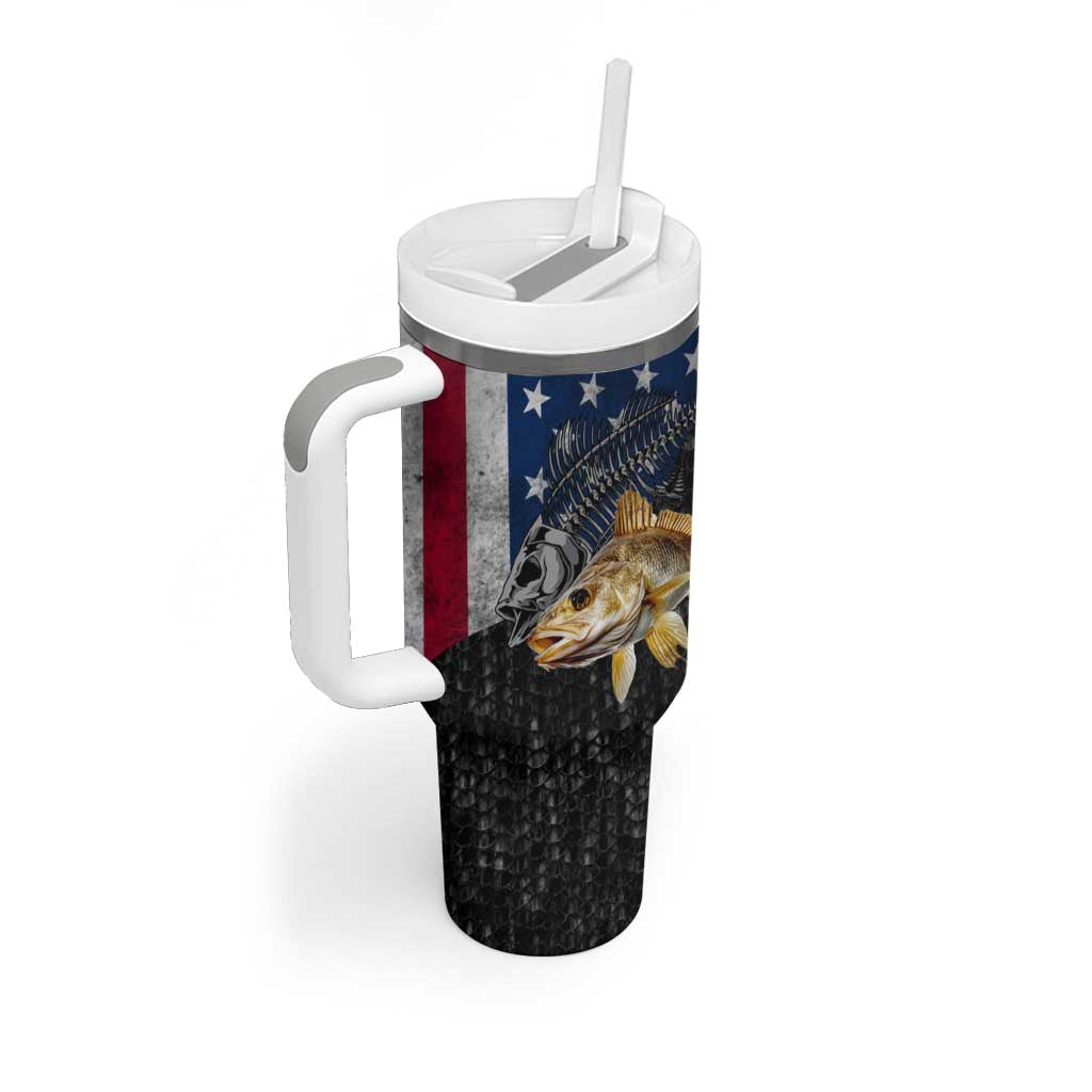Walleye Fishing Skeleton Personalized Tumbler With Handle Grunge American Flag and Realistic Fish Graphic - Wonder Print Shop