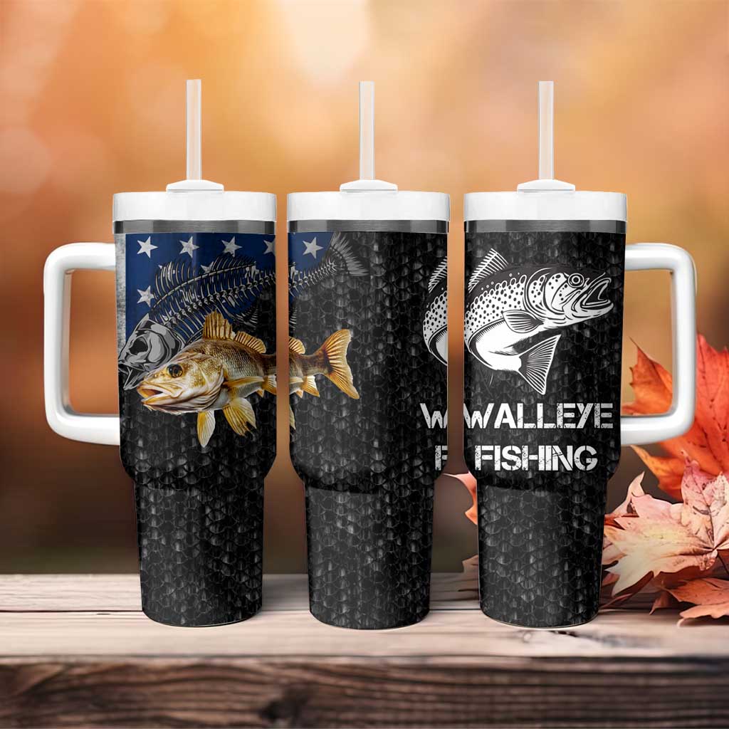 Walleye Fishing Skeleton Personalized Tumbler With Handle Grunge American Flag and Realistic Fish Graphic - Wonder Print Shop