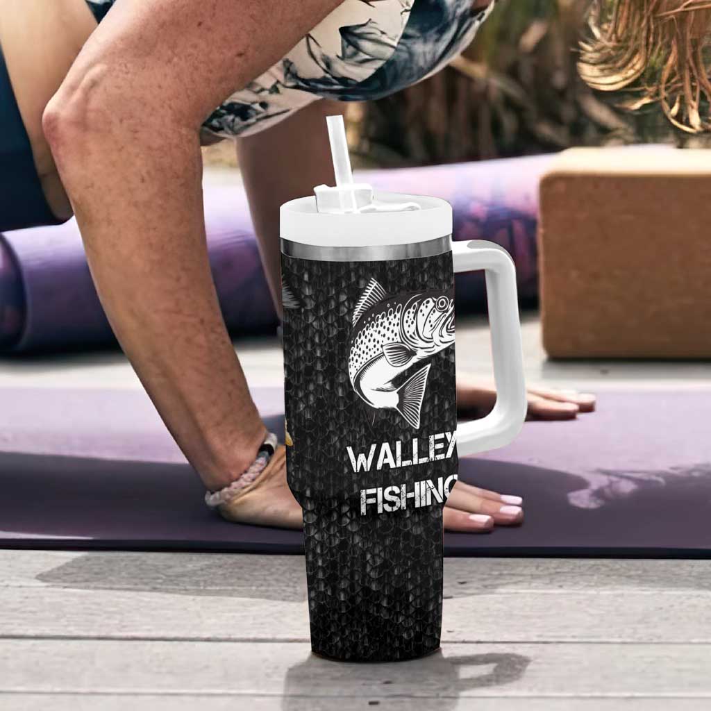 Walleye Fishing Skeleton Personalized Tumbler With Handle Grunge American Flag and Realistic Fish Graphic - Wonder Print Shop