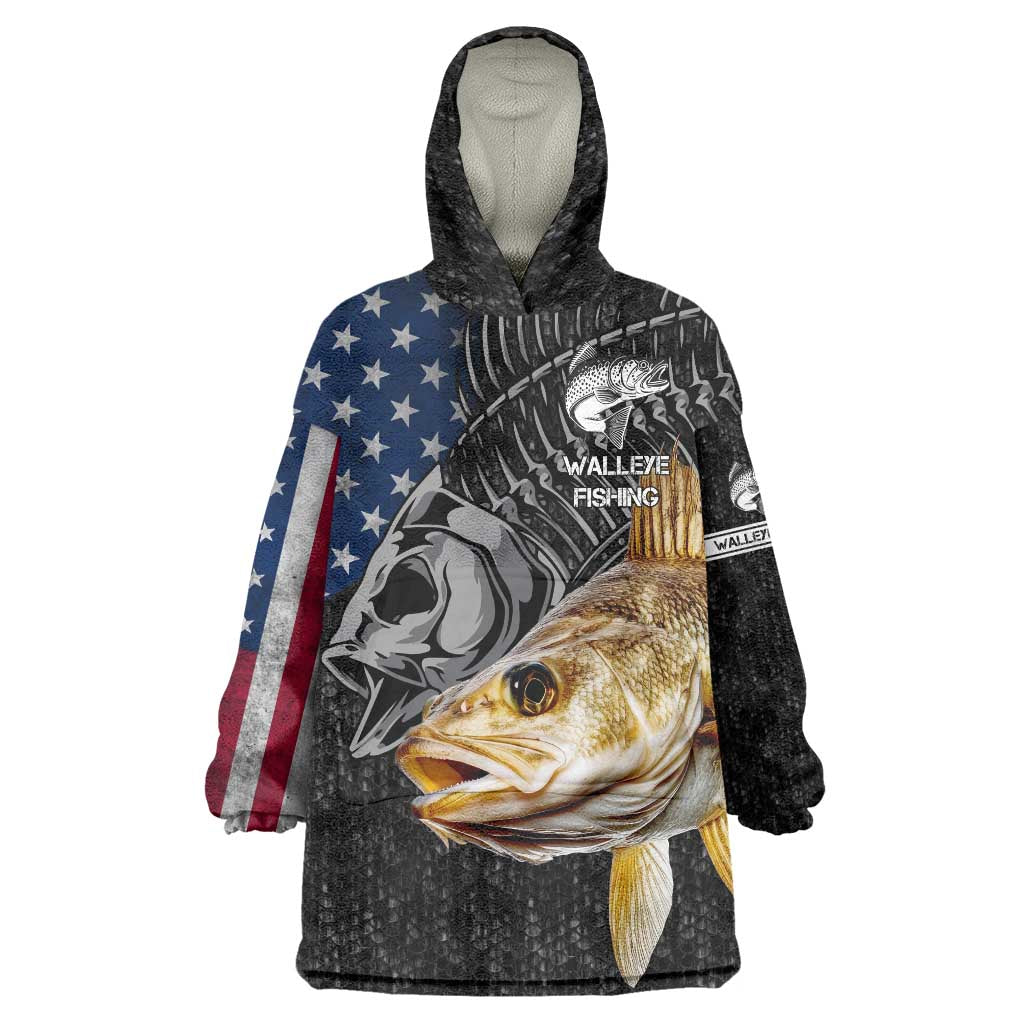 Walleye Fishing Skeleton Personalized Wearable Blanket Hoodie Grunge American Flag and Realistic Fish Graphic - Wonder Print Shop