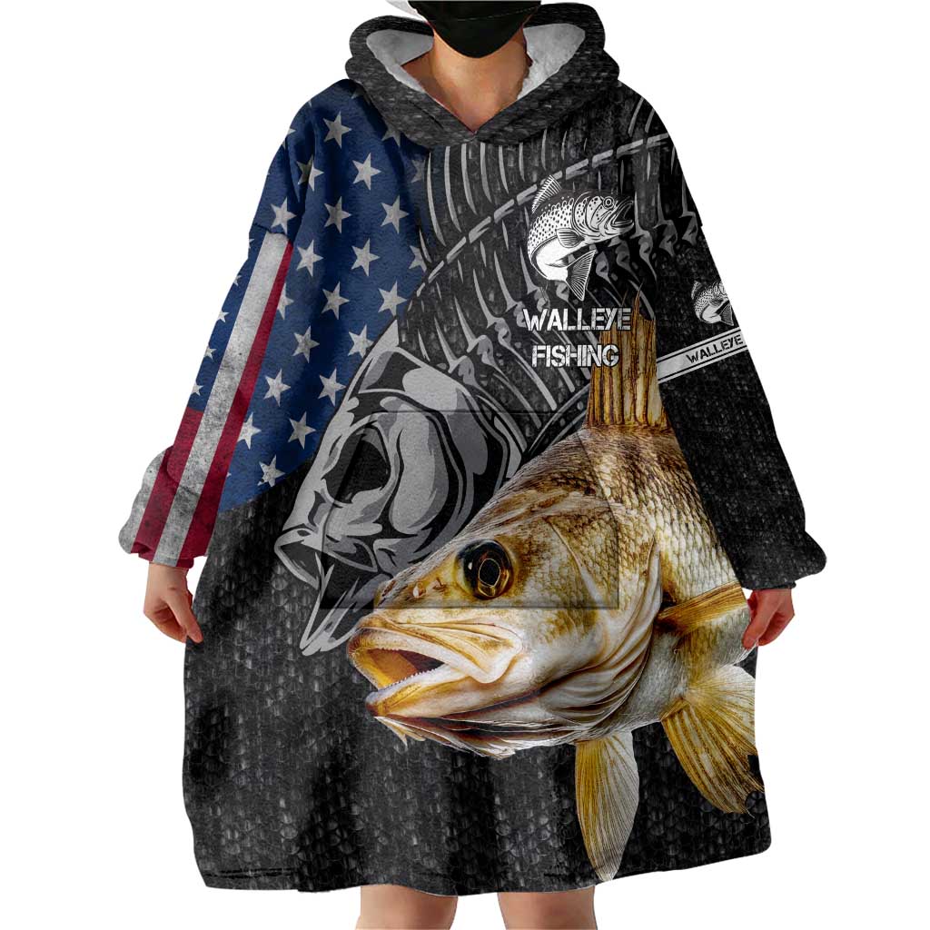 Walleye Fishing Skeleton Personalized Wearable Blanket Hoodie Grunge American Flag and Realistic Fish Graphic - Wonder Print Shop