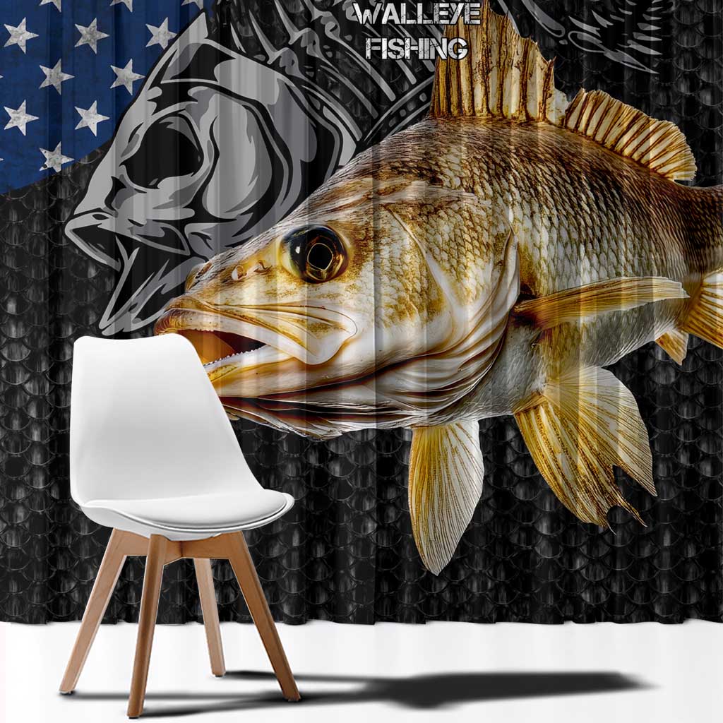 Walleye Fishing Skeleton Personalized Window Curtain Grunge American Flag and Realistic Fish Graphic - Wonder Print Shop