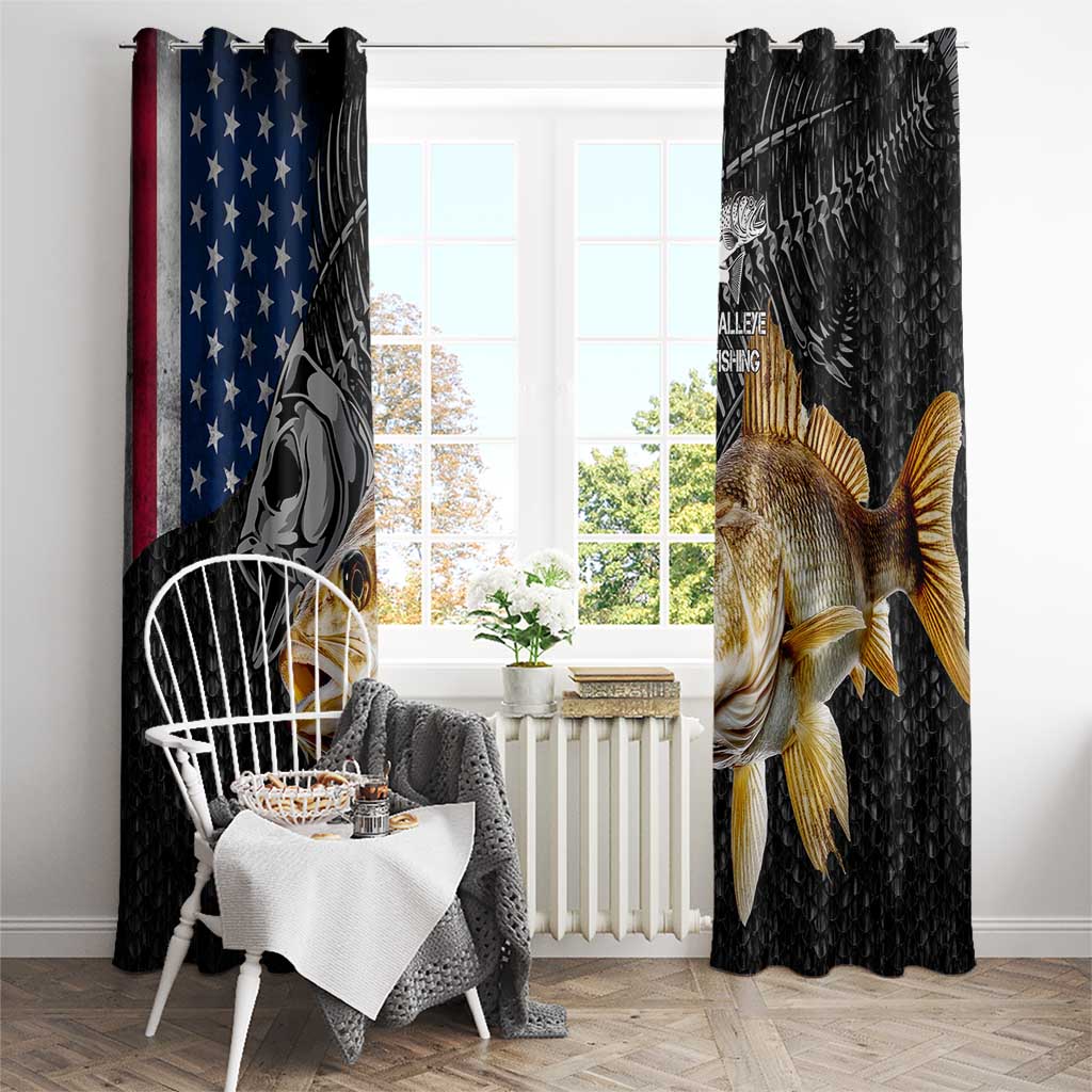 Walleye Fishing Skeleton Personalized Window Curtain Grunge American Flag and Realistic Fish Graphic - Wonder Print Shop