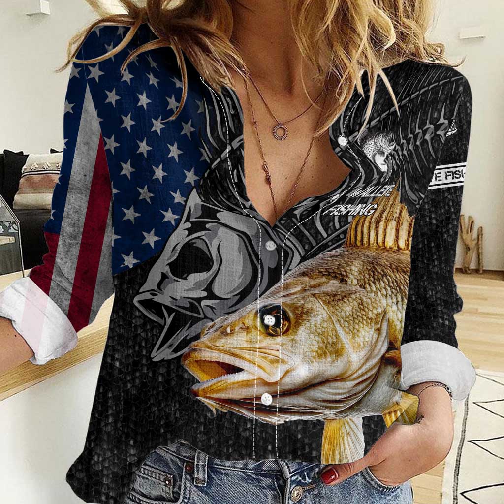Walleye Fishing Skeleton Personalized Women Casual Shirt Grunge American Flag and Realistic Fish Graphic - Wonder Print Shop