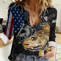 Walleye Fishing Skeleton Personalized Women Casual Shirt Grunge American Flag and Realistic Fish Graphic - Wonder Print Shop