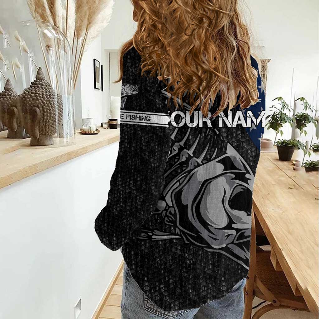 Walleye Fishing Skeleton Personalized Women Casual Shirt Grunge American Flag and Realistic Fish Graphic - Wonder Print Shop