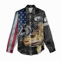 Walleye Fishing Skeleton Personalized Women Casual Shirt Grunge American Flag and Realistic Fish Graphic - Wonder Print Shop