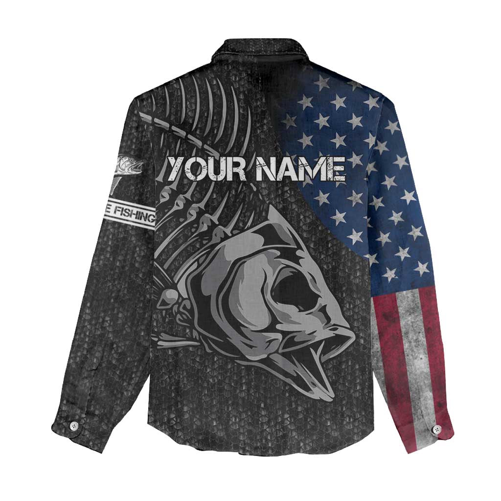 Walleye Fishing Skeleton Personalized Women Casual Shirt Grunge American Flag and Realistic Fish Graphic - Wonder Print Shop
