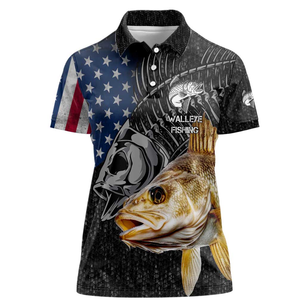 Walleye Fishing Skeleton Personalized Women Polo Shirt Grunge American Flag and Realistic Fish Graphic - Wonder Print Shop