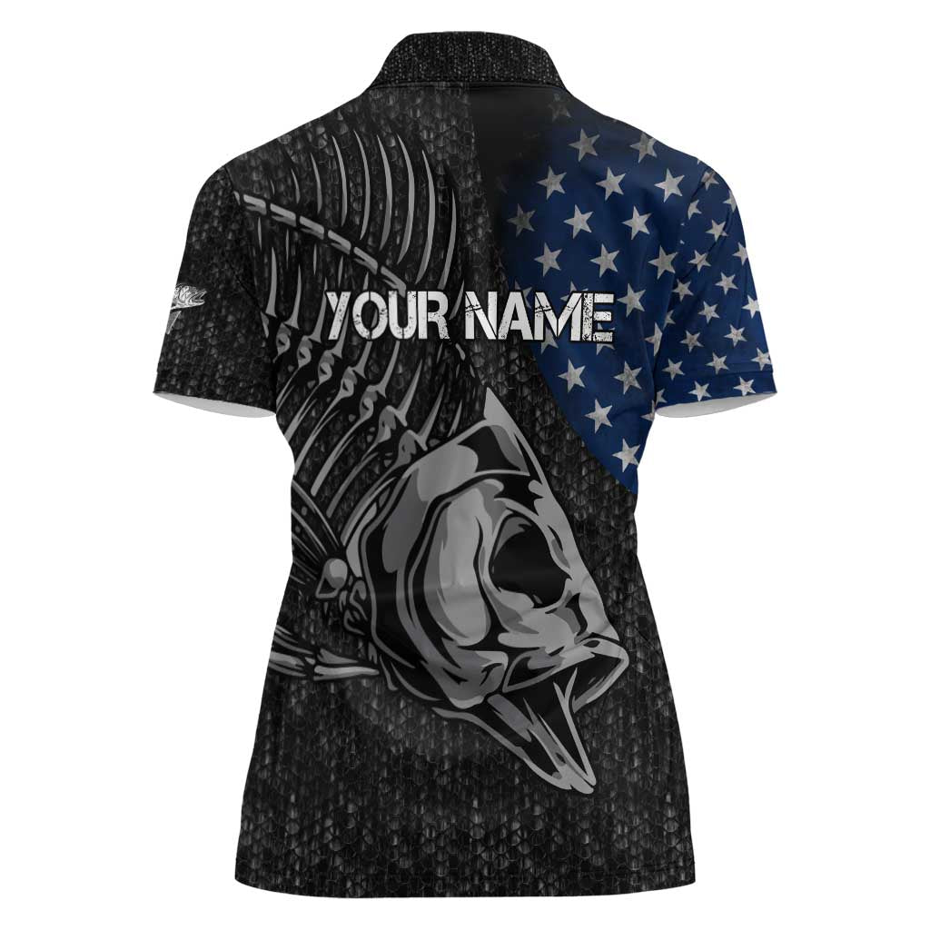 Walleye Fishing Skeleton Personalized Women Polo Shirt Grunge American Flag and Realistic Fish Graphic - Wonder Print Shop