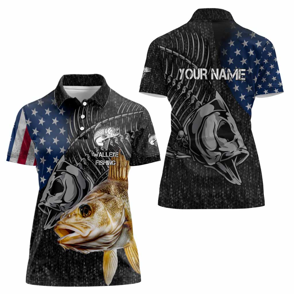 Walleye Fishing Skeleton Personalized Women Polo Shirt Grunge American Flag and Realistic Fish Graphic - Wonder Print Shop