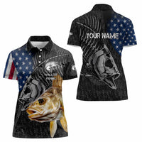 Walleye Fishing Skeleton Personalized Women Polo Shirt Grunge American Flag and Realistic Fish Graphic - Wonder Print Shop