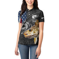 Walleye Fishing Skeleton Personalized Women Polo Shirt Grunge American Flag and Realistic Fish Graphic - Wonder Print Shop