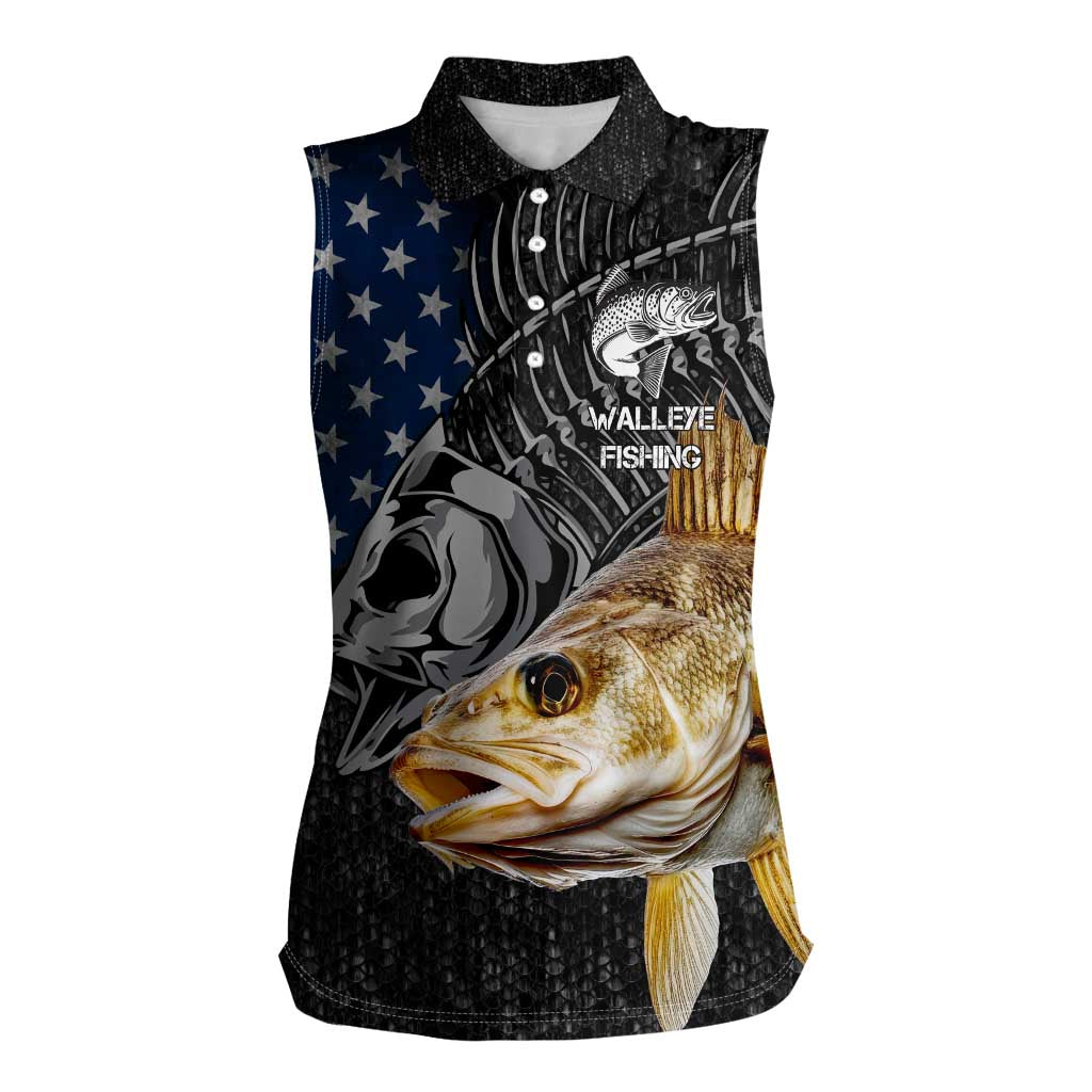 Walleye Fishing Skeleton Personalized Women Sleeveless Polo Shirt Grunge American Flag and Realistic Fish Graphic - Wonder Print Shop