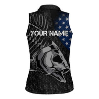 Walleye Fishing Skeleton Personalized Women Sleeveless Polo Shirt Grunge American Flag and Realistic Fish Graphic - Wonder Print Shop