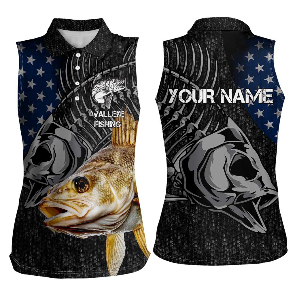 Walleye Fishing Skeleton Personalized Women Sleeveless Polo Shirt Grunge American Flag and Realistic Fish Graphic - Wonder Print Shop