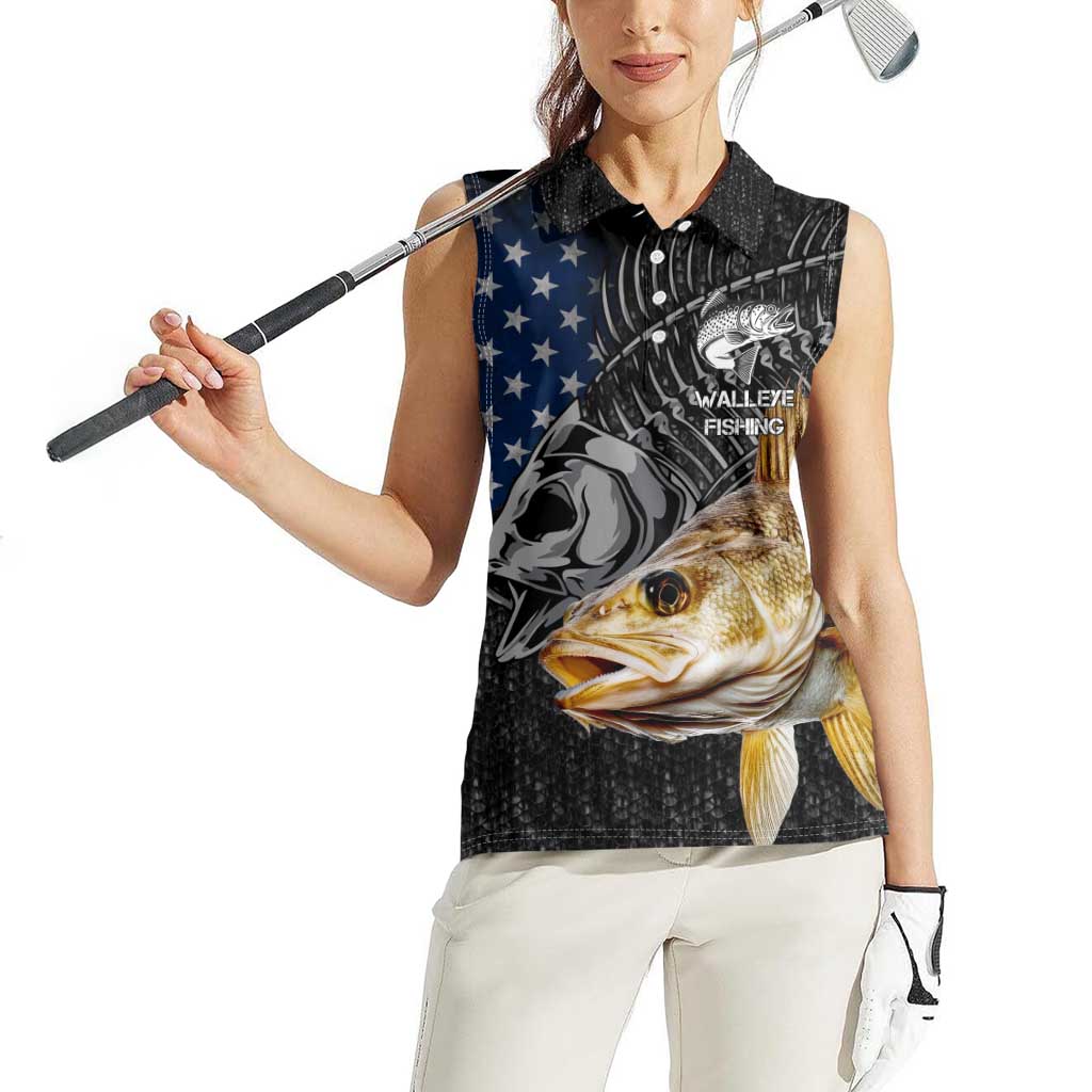 Walleye Fishing Skeleton Personalized Women Sleeveless Polo Shirt Grunge American Flag and Realistic Fish Graphic - Wonder Print Shop