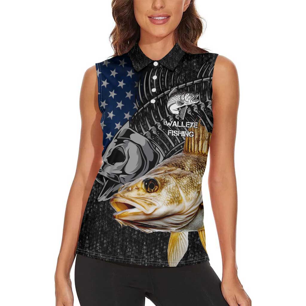 Walleye Fishing Skeleton Personalized Women Sleeveless Polo Shirt Grunge American Flag and Realistic Fish Graphic - Wonder Print Shop