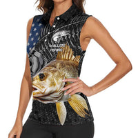 Walleye Fishing Skeleton Personalized Women Sleeveless Polo Shirt Grunge American Flag and Realistic Fish Graphic - Wonder Print Shop