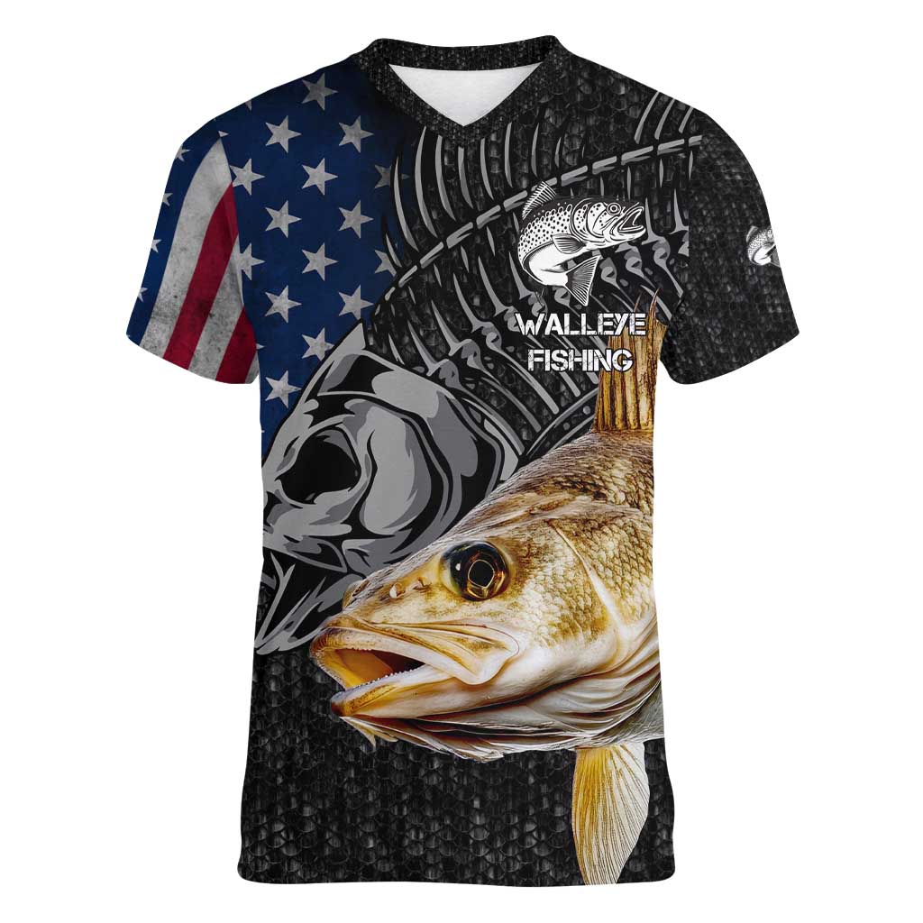 Walleye Fishing Skeleton Personalized Women V-Neck T-Shirt Grunge American Flag and Realistic Fish Graphic - Wonder Print Shop