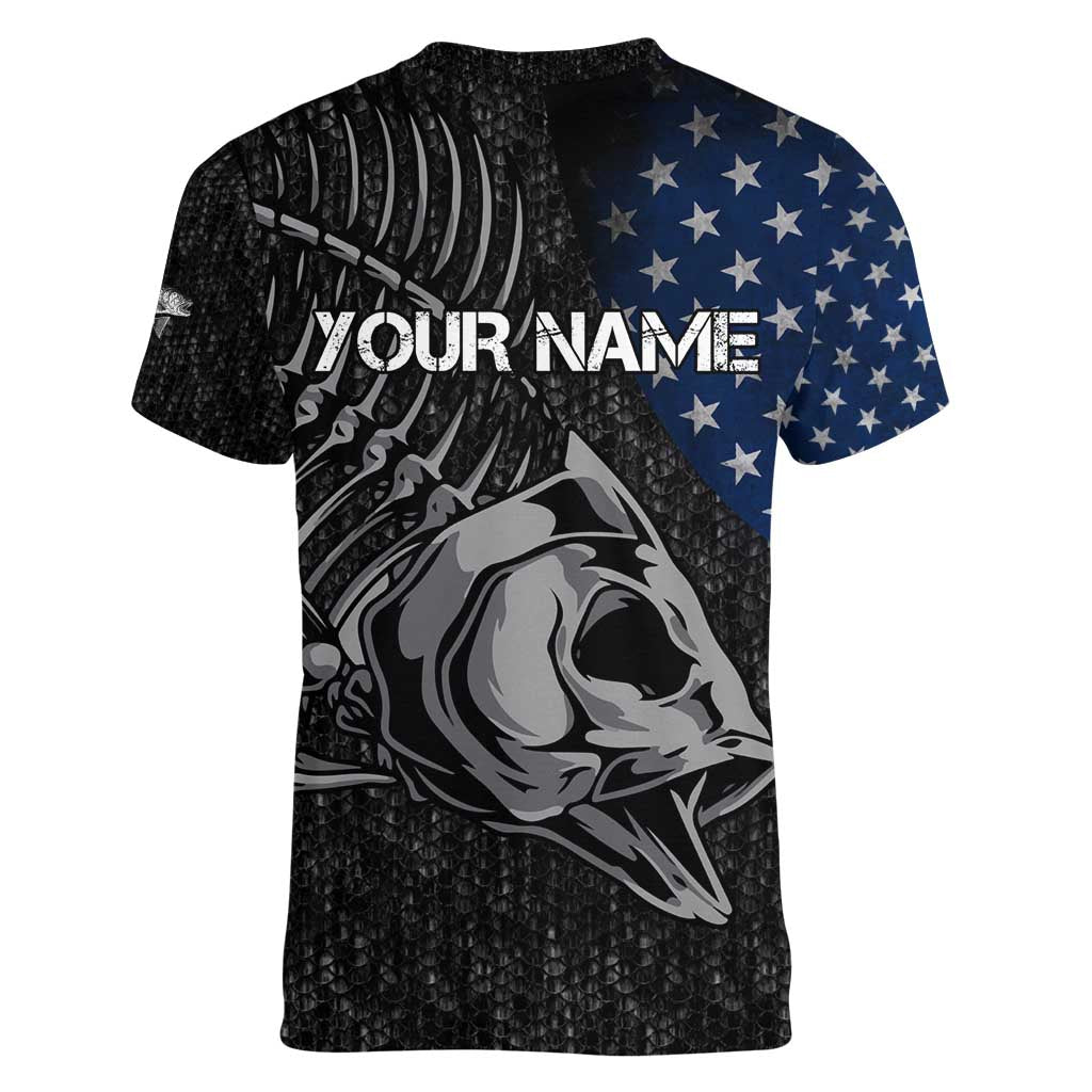 Walleye Fishing Skeleton Personalized Women V-Neck T-Shirt Grunge American Flag and Realistic Fish Graphic - Wonder Print Shop