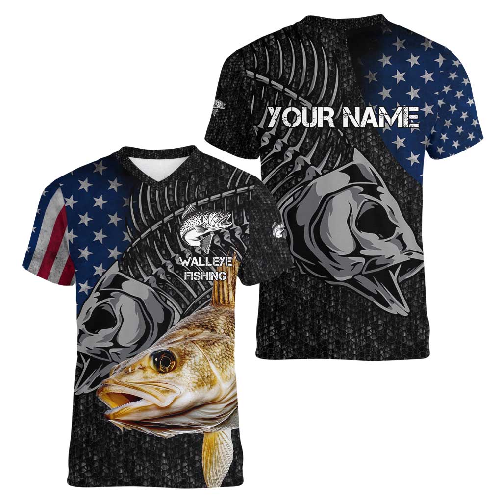 Walleye Fishing Skeleton Personalized Women V-Neck T-Shirt Grunge American Flag and Realistic Fish Graphic - Wonder Print Shop