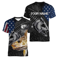 Walleye Fishing Skeleton Personalized Women V-Neck T-Shirt Grunge American Flag and Realistic Fish Graphic - Wonder Print Shop