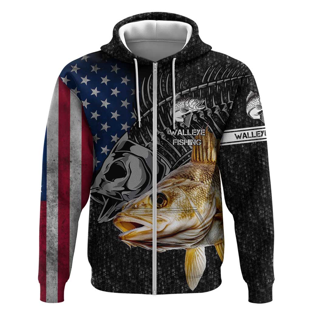 Walleye Fishing Skeleton Personalized Zip Hoodie Grunge American Flag and Realistic Fish Graphic - Wonder Print Shop