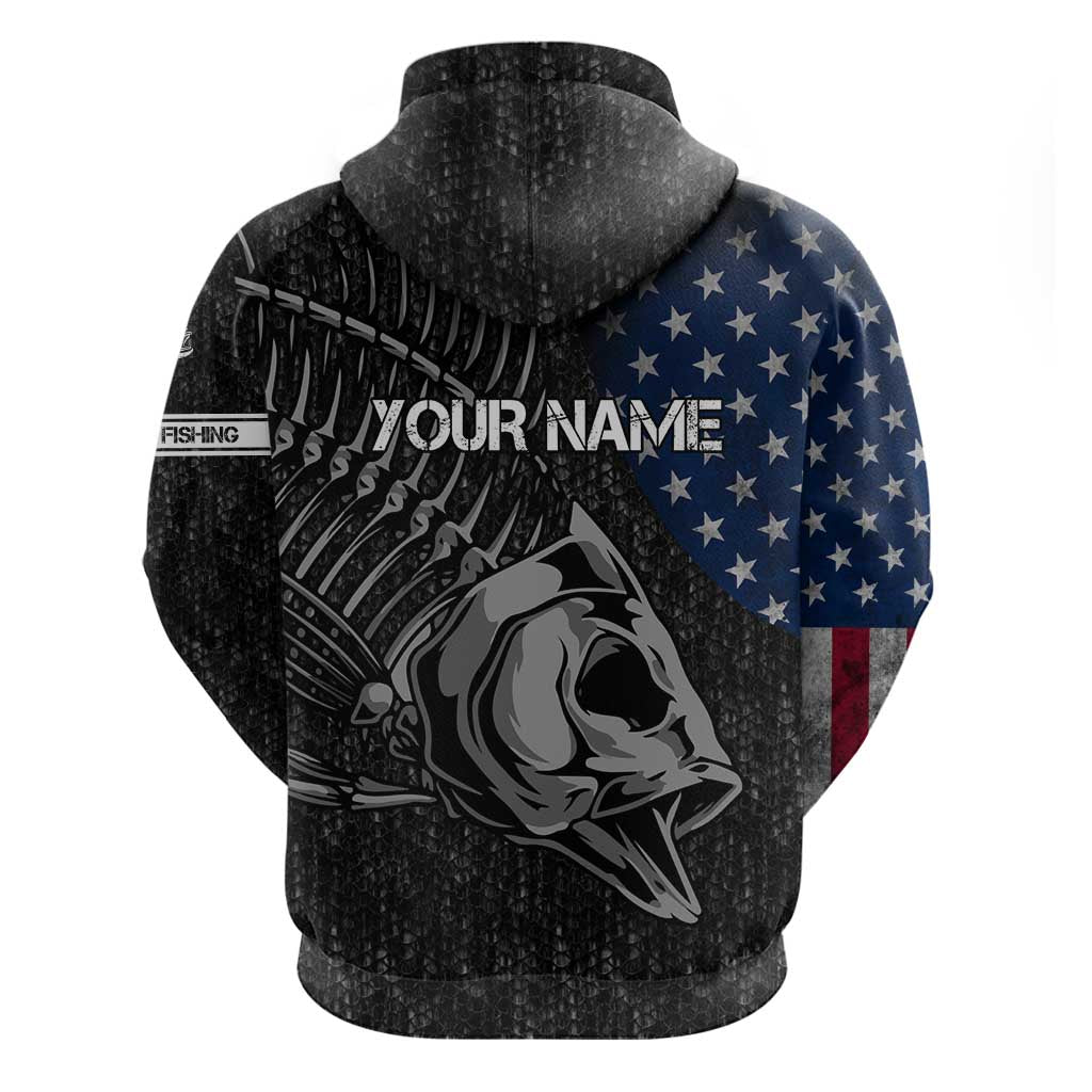 Walleye Fishing Skeleton Personalized Zip Hoodie Grunge American Flag and Realistic Fish Graphic - Wonder Print Shop