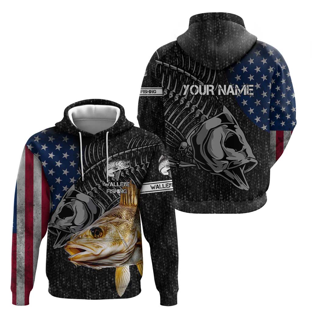 Walleye Fishing Skeleton Personalized Zip Hoodie Grunge American Flag and Realistic Fish Graphic - Wonder Print Shop