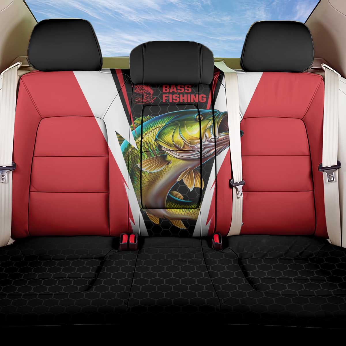 Bass Fishing Personalized Back Car Seat Cover Bold Red and Black Lightning Pattern and Honeycomb Background - Wonder Print Shop