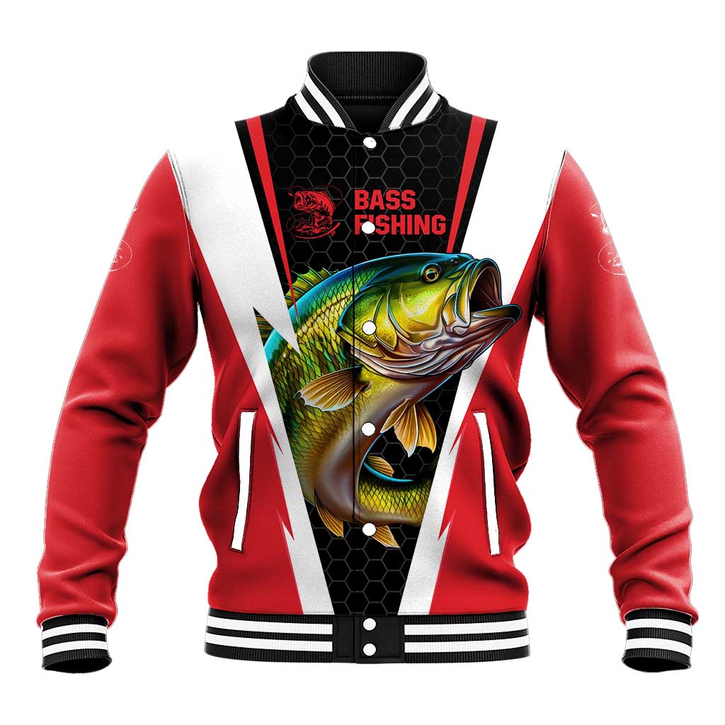 Bass Fishing Personalized Baseball Jacket Bold Red and Black Lightning Pattern and Honeycomb Background - Wonder Print Shop