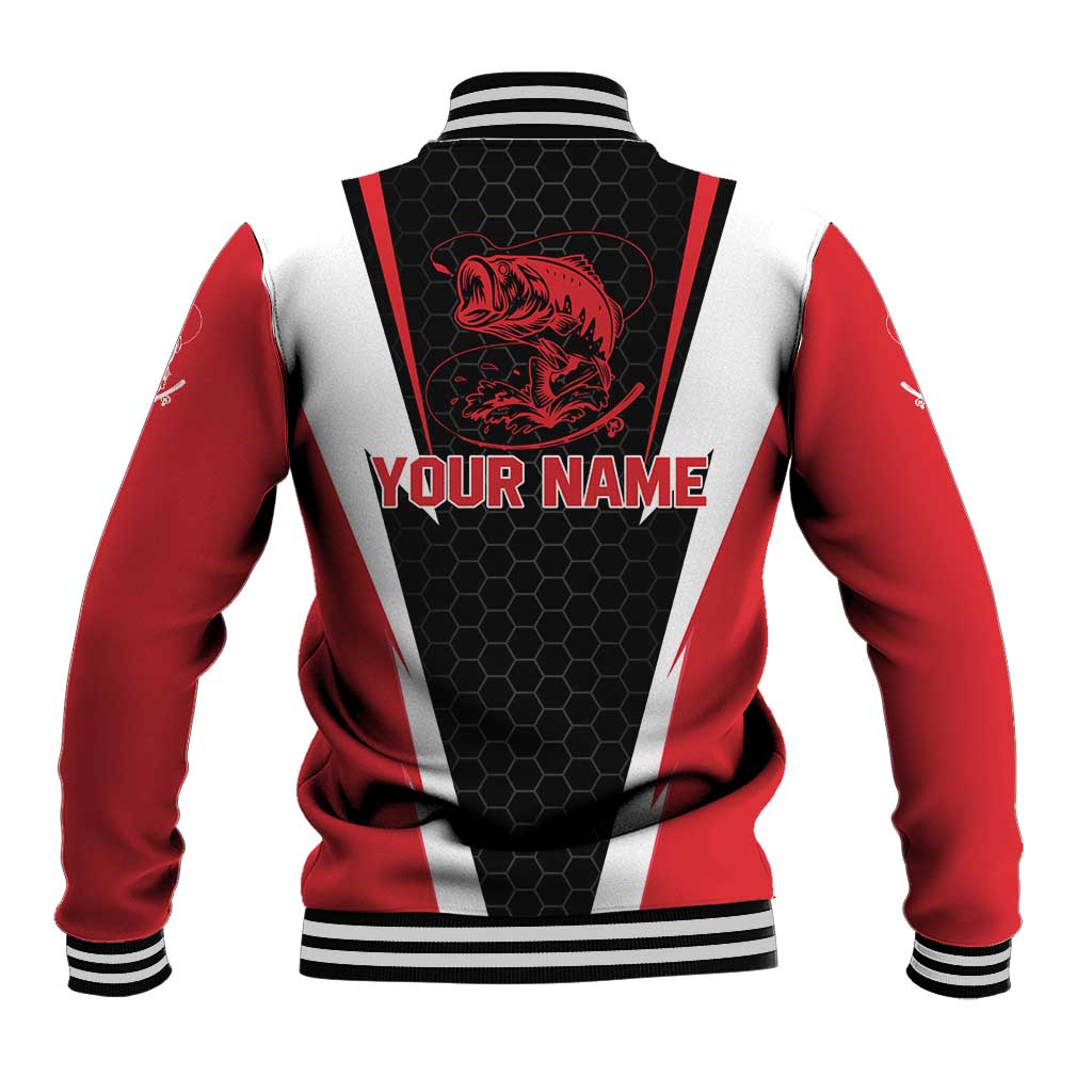 Bass Fishing Personalized Baseball Jacket Bold Red and Black Lightning Pattern and Honeycomb Background - Wonder Print Shop