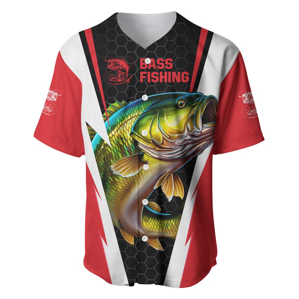 Bass Fishing Personalized Baseball Jersey Bold Red and Black Lightning Pattern and Honeycomb Background - Wonder Print Shop