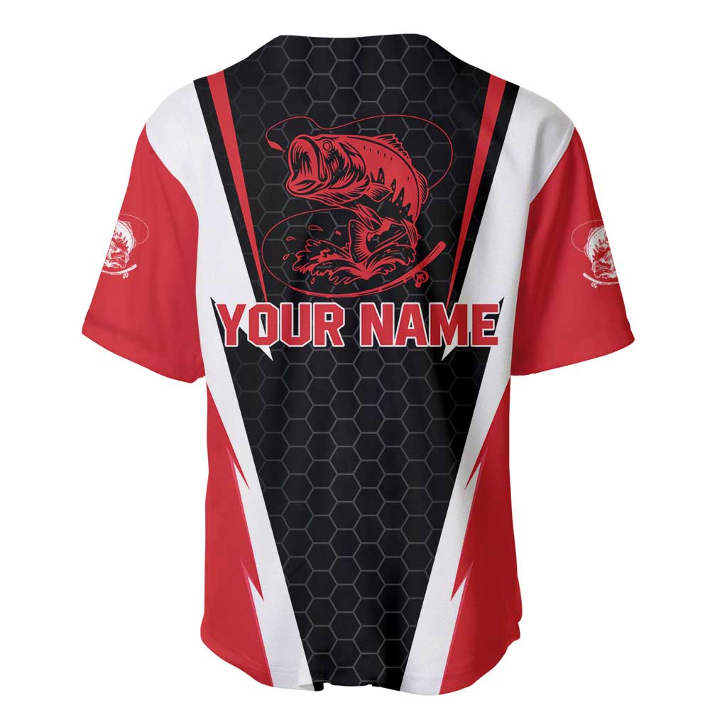 Bass Fishing Personalized Baseball Jersey Bold Red and Black Lightning Pattern and Honeycomb Background - Wonder Print Shop