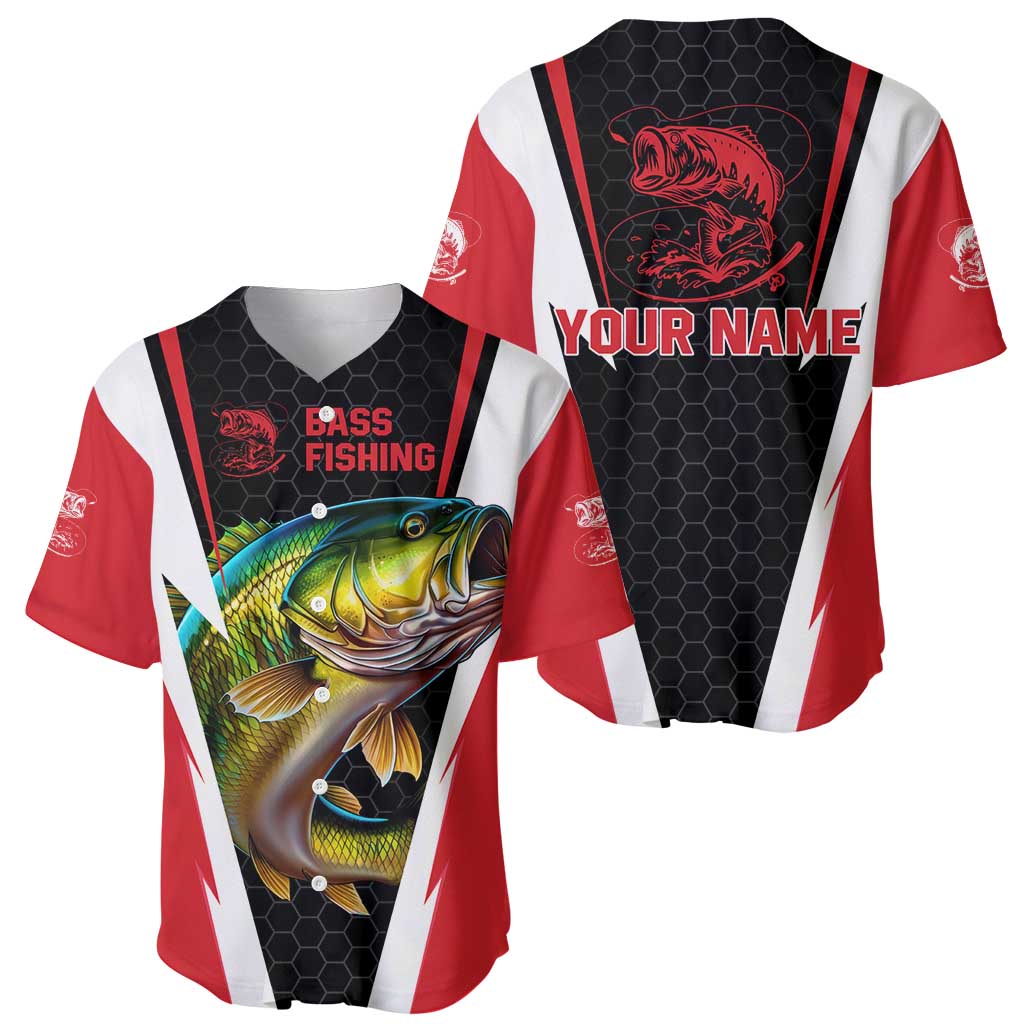 Bass Fishing Personalized Baseball Jersey Bold Red and Black Lightning Pattern and Honeycomb Background - Wonder Print Shop