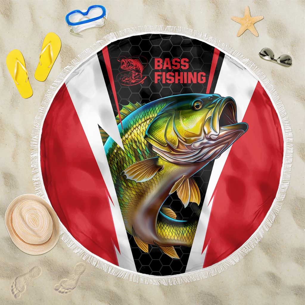 Bass Fishing Personalized Beach Blanket Bold Red and Black Lightning Pattern and Honeycomb Background - Wonder Print Shop